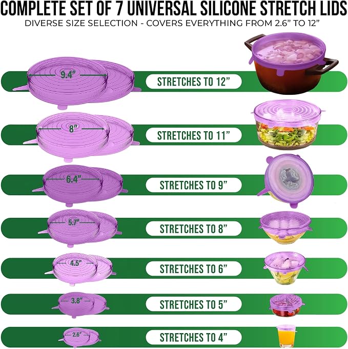 Reusable Silicone Stretch Lids for Food Storage in Fridge - Elastic Heat-Resistant Bowl Covers, Cups, Cans, Jars - Universal Food Grade Lid for Containers - 7 Pack - Purple Stretchy Lid Set