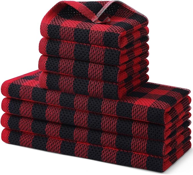 Homaxy Kitchen Towels and Dishcloths Set, Set of 8, Red & Black | Bulk Cotton Waffle Weave Check Plaid Kitchen Towels, Super Soft and Absorbent Dish Cloths, 12 x 12 and 13 x 28 Inches