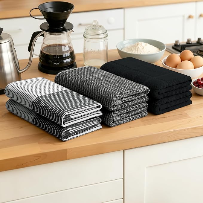 Homaxy 3 Pack Cotton Terry Premium Kitchen Towels, 18 x 28 in, Black | Large 380 GSM Dish Towels, Highly Absorben Flat & Terry Kitchen Hand Towels, Soft Utility Tea Towel Set with Hanging Loop
