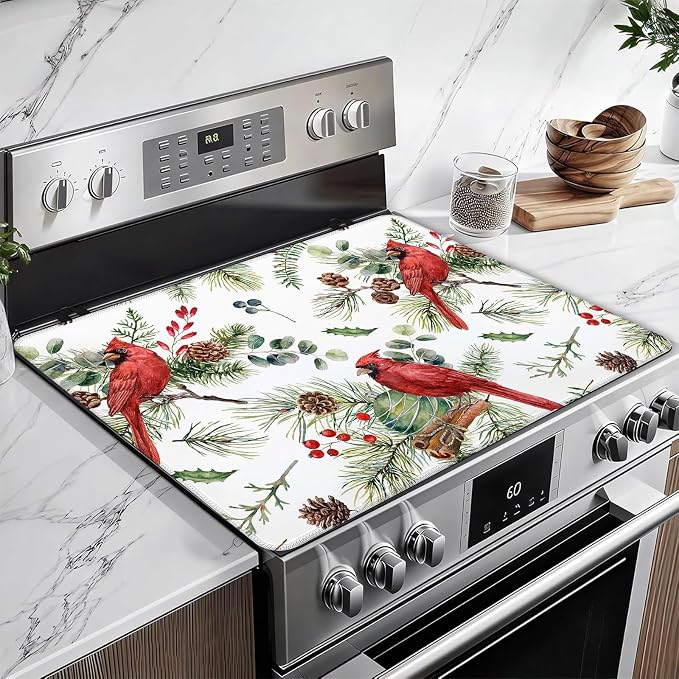 Red Cardinal Stove Top Covers for Electric Stove, Berry Bird Electric Gas Stove Pad Heat Resistant Range Cooktop Protector for Home Decor Kitchen 28"x20"