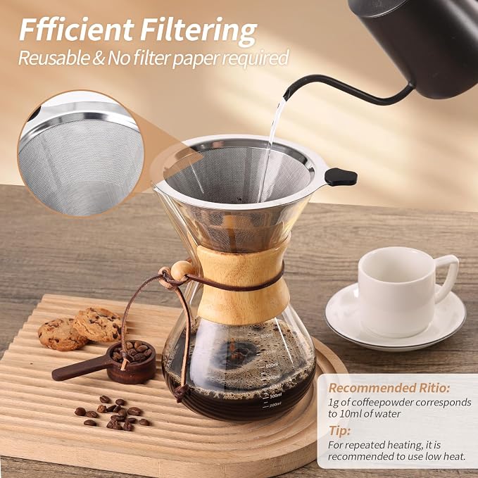 Pour Over Coffee Maker 27 OZ, 8 Cup Borosilicate Glass Drip Coffee Maker with Reusable Stainless Steel Filter and Cork Grip for Home Café 800 ML
