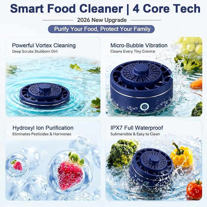 AZ GOGO Produce Cleaner Device, Fruit and Vegetable Wash Machine, Automatic Fruit Washer, 2026 New Ti Electrolysis IPX7 Waterproof Wireless Automatic Portable Food Purifier (Blue)