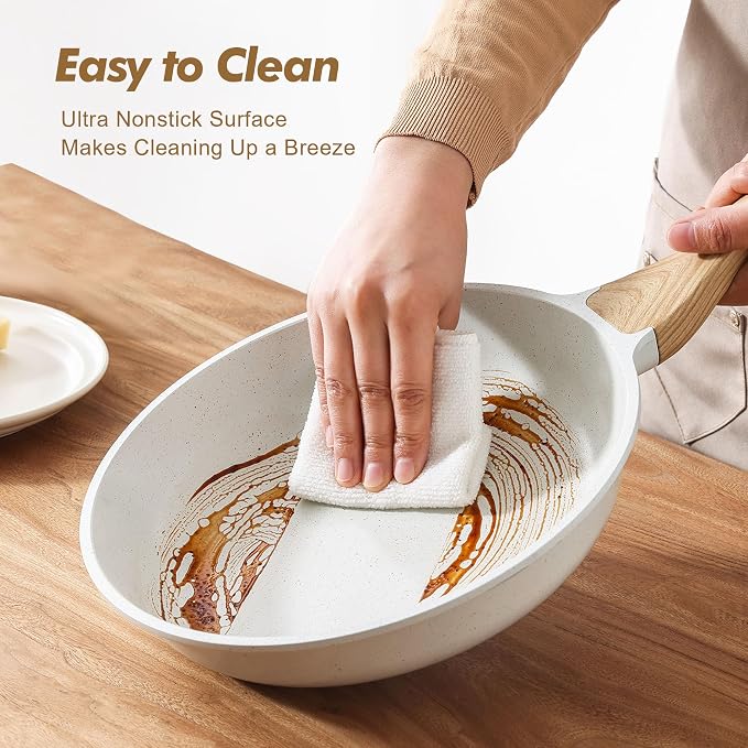 SENSARTE Ceramic Nonstick Frying Pan Skillets, White (8+10 Inch) | Healthy ceramic nontoxic coating, PTFE & PFAS free. Compatible with all stoves including induction cooktops. Easy to clean.