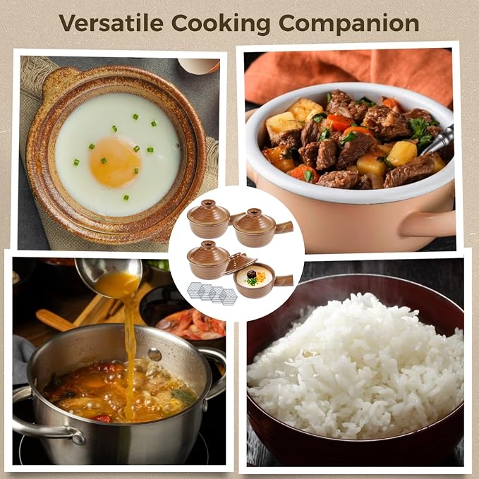 4 Sets Egg Cookers, Ceramic Microwave Cookers with Heat-resistant Silicone Pads, Egg Poachers with Dome Lids & Hollow Handles, 12 oz Clay Bowls for Eggs, Soup, Oven & Dishwasher Safe