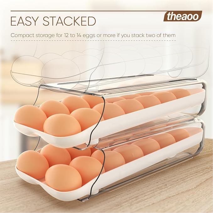 theaoo Egg Holder for Fridge, Automatic Rolling Egg Container, White, 1Pack | Quick Removable Inner Tray For Easy Egg Loading. Stackable Egg Dispenser For Refrigerator Storage And Organization
