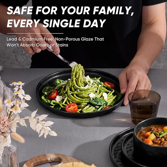 E-far Black Plates and Bowls Sets, 12-Piece Stoneware Dinnerware Set for 4 | Modern Ripple Design Dishes Set for Kitchen Dining, Chip & Scratch Resistant, Microwave & Dishwasher Safe, Matte Black