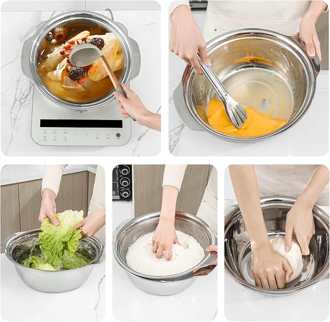 Paoli 304 Stainless Steel Fine Mesh Colander Set, 5QT Large Capacity Strainer with Mixing Bowl — Rinse Fruits, Veggies, Rice & Drain Pasta, Dishwasher Safe (2-Piece)