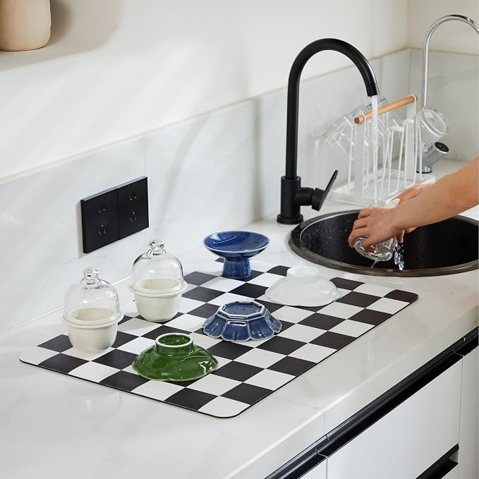 Ohocut Checkered Dish Drying Mat for Kitchen Counter, Coffee Bar Station Accessories, Retro Cute Aesthetic Modern Absorbent Drainer Mat Kitchen Drying Mat Easy Clean, Black 12" x 19"
