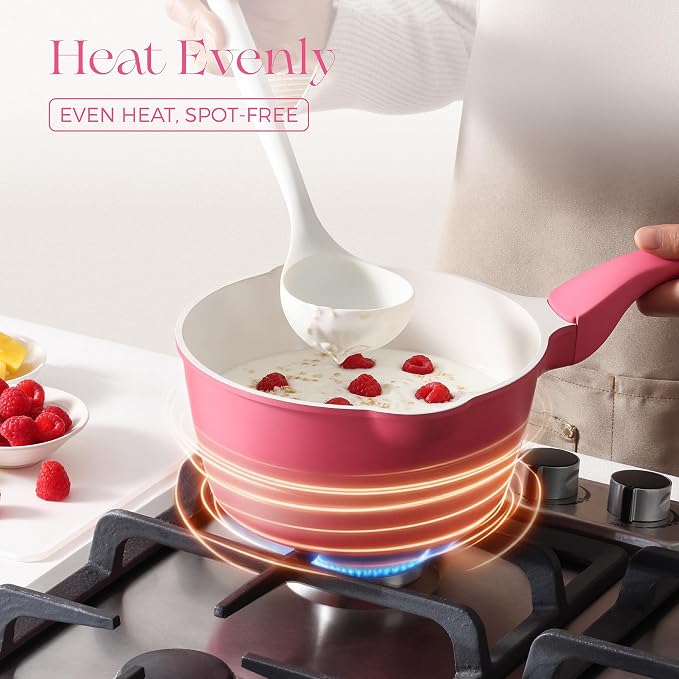 PRICUSIS Ceramic Nonstick Saucepan with Lid, 2 Quart Non Toxic Pot with Pour Spouts, Full Coated, 100% Dishwasher Safe, Induction Compatible, PTFE PFAS & PFOA Free, Raspberry Red