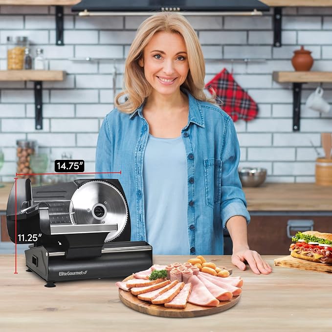 Elite Gourmet EMT-625B Deli Meat Slicer, Adjustable Thickness, 7.5" Black | Removable stainless steel blade slices cold cuts, hard cheese, vegetables & bread - ultimate precision slicing