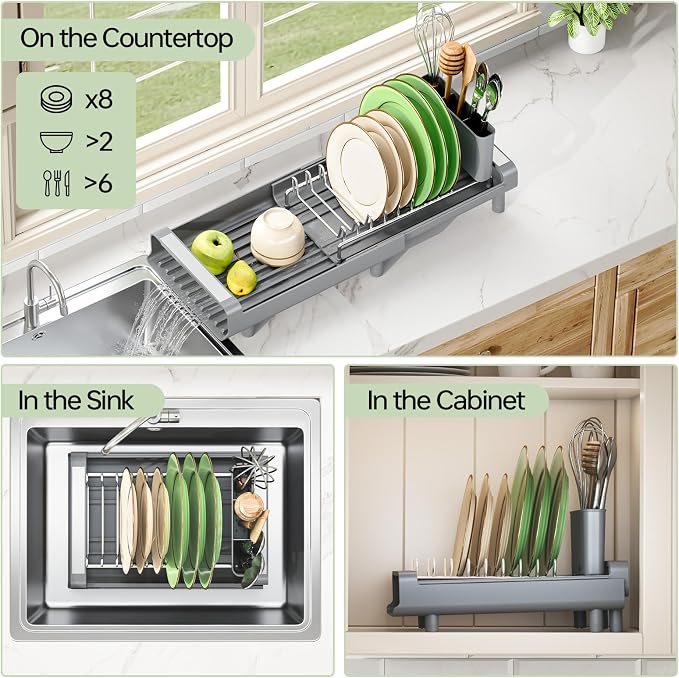 TOOLF Small Dish Drying Rack, Expandable and Space-Saving, Gray | Mini Dish racks for kitchen counter, Compact Design Fits Sink or Counter, Stainless Steel Plate Rack, 11"-19.3"L×7.7"W×3.54"H