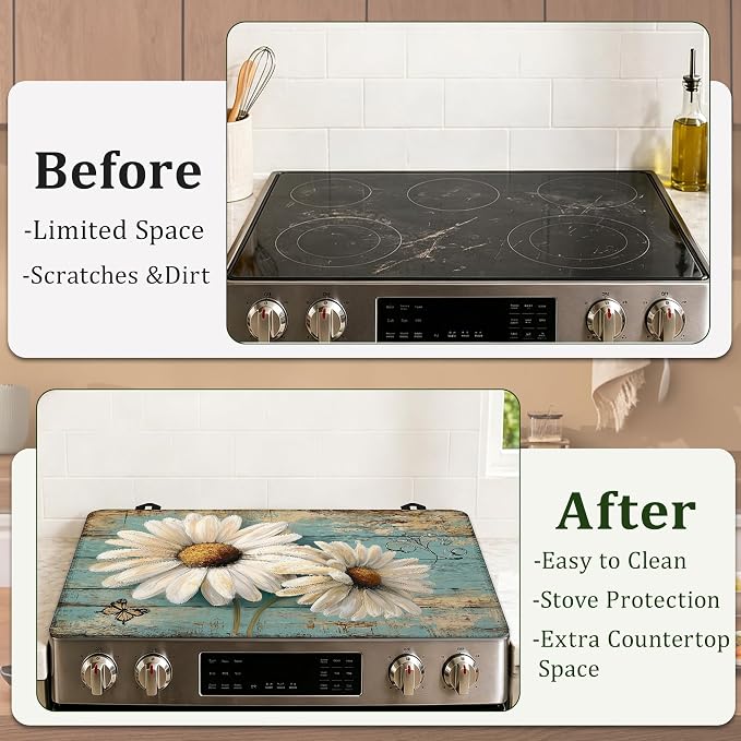 Daisy Flower Stove Top Covers for Electric Stove,Vintage Wood Electric Gas Stove Pad Heat Resistant Range Cooktop Protector for Home Decor Kitchen 28.5"x20.5"