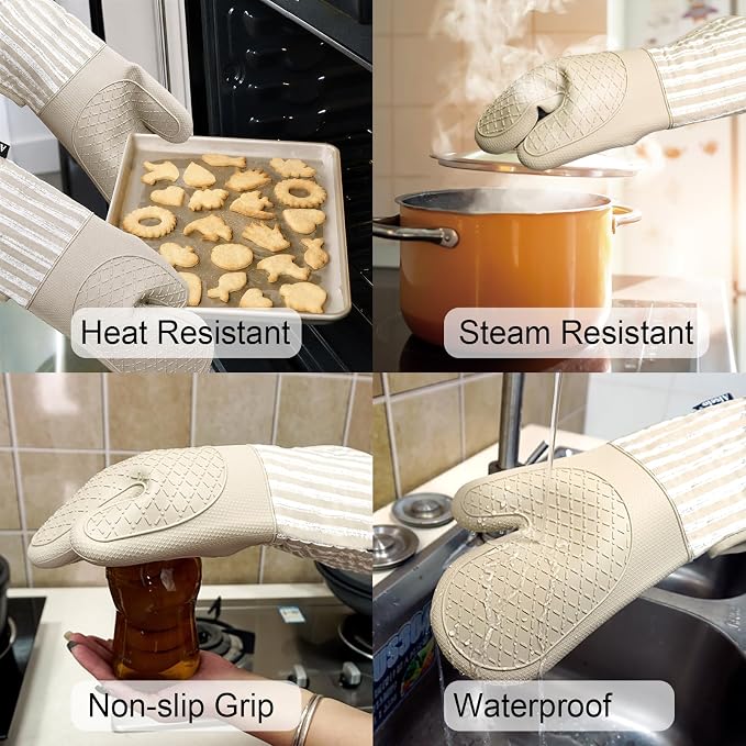 Alselo Silicone Oven Mitts Heat Resistant 932℉ with Waterproof & Non-Slip | Kitchen Mittens Set of 2,Extra Long 7.5"x15" Oven Gloves with Soft Cotton Terry Lining for Baking Cooking BBQ (Khaki,2)