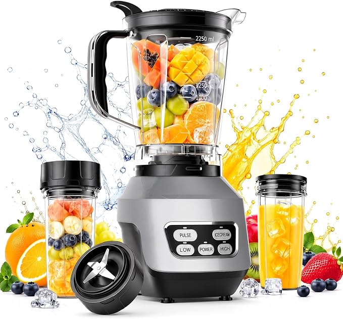 DUMOS Smoothie Blender for Kitchen, Personal Blender for Smoothies | 6 Blades, 24 34 60 oz BPA-Free Cups, Portable Easy Clean, Ice Crush Shakes Sauces, Silver