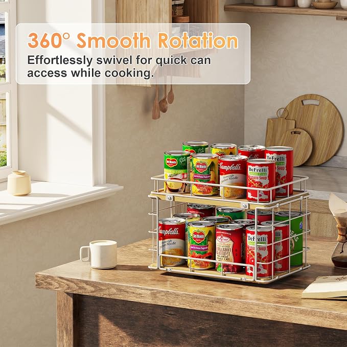 360° Rotating Lazy Susan Can Organizer for Pantry, Holds 26 Cans, White | 2-Tier Metal Wire & Wood Turntable Can Rack Holder, Storage for Canned Goods, Kitchen Pantry Cabinets & Countertops