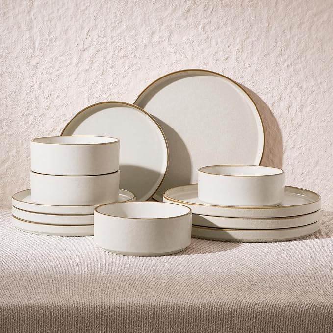 Famiware Nebula 12-Piece Dinnerware Set, Matte Beige White with Brown Rim | Stoneware Plates and Bowls, Handmade Reactive Glaze, Microwave & Dishwasher Safe, Chip & Scratch Resistant