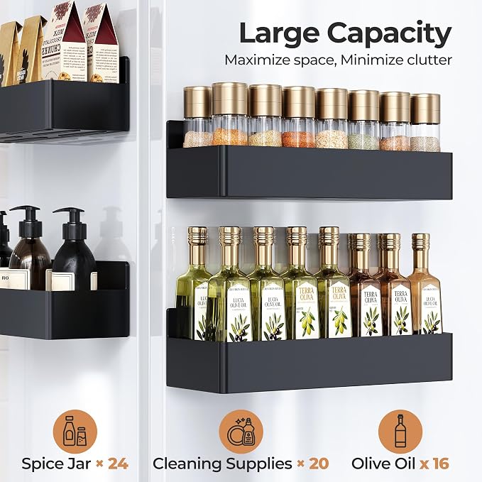 Mystozer Magnetic Spice Rack for Refrigerator, Kitchen Organizer and Storage Shelf, Black (6 Pack)…