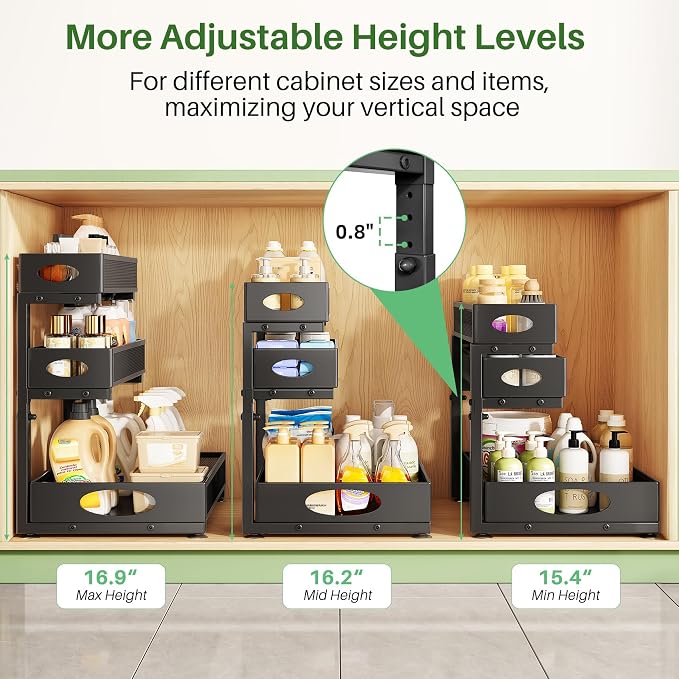 Kitstorack Under Sink Organizer 3-Tier Slide Out Drawer 2-Pack Black | Height Adjustable, Metal Mesh Storage Rack, Pull out Cabinet Organizer Shelf for Bathroom Kitchen Pantry Home Organization