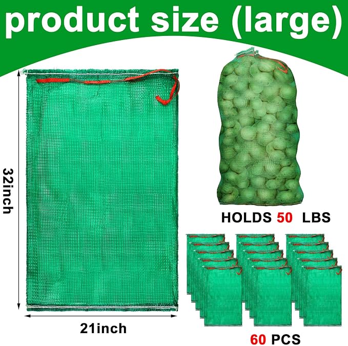 SATINIOR 60 Pcs Large Mesh Storage Produce Bags 21'' x 32'' Mesh Onion Bags 50 Lbs Reusable Vegetable Storage with Drawstring Potato Sacks for Onion Potato Citrus Fruit Produce Firewood (Green)