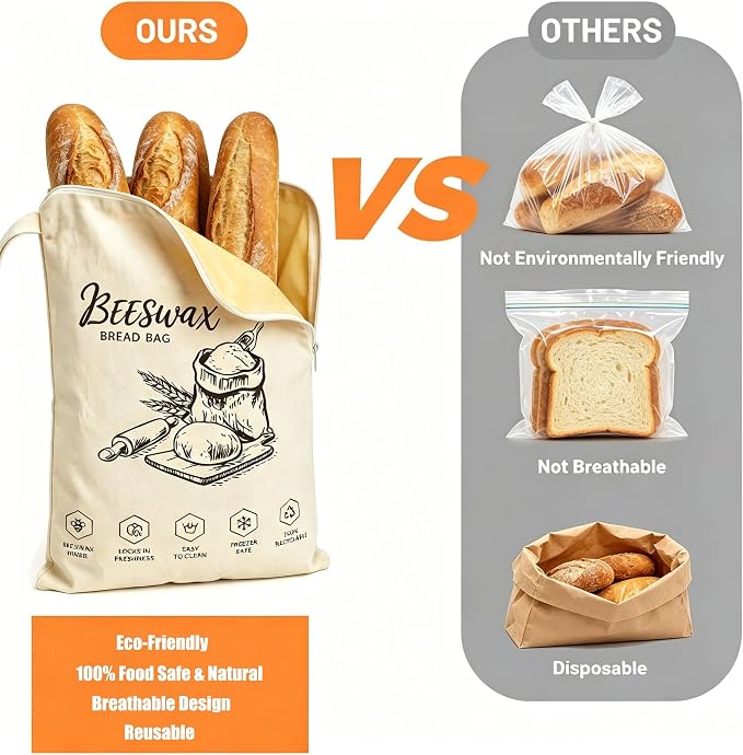 Reusable Beeswax Bread Bags for Homemade&Sourdough, 17"x13", 2 Pack | Organic Linen Beeswax Bag with Wide Zipper,Freezer-Friendly Storage for Bread,Washable Bread Bag,Keeps Loaves Fresh Longer