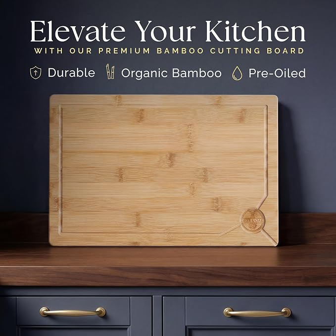 Deer & Oak Large Bamboo Cutting Board 15 x 9.8 x 0.8 Inch, Pre-Oiled | Water resistant and knife friendly · For meat and vegetables in the kitchen