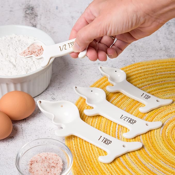 Dachshund Measuring Spoons, Ceramic, Set of 4, Dog Lover Gifts | Weiner or Wiener Dog Themed Kitchen Baking Tools, White Ceramic, Gift for Dachshund Lovers
