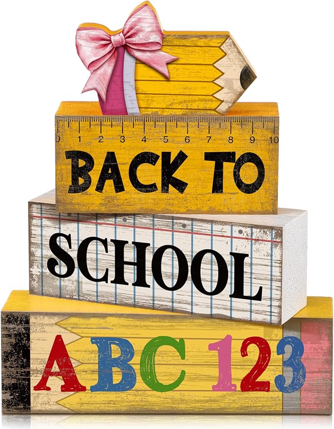 Lineshading 4 Pcs Back To School Table Decorations Wooden Pencil Blocks | Back To School Tiered Tray Decorations With Abc 123 Pencil Ruler, Rustic Farmhouse Gift For Classroom Teacher Desk