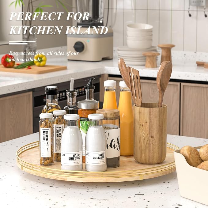 AMH 24-Inch Extra Large Lazy Susan with Solid Oak Base and Black Iron Rail | Smooth rotating oak tray with walnut finish for dining tables, kitchen counters, pantries and cabinet storage.