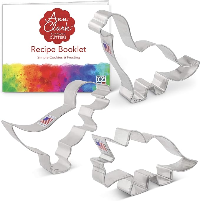 Ann Clark Dinosaur Cookie Cutter Set of 3, Made in USA | Includes: T-Rex, Triceratops & Brontosaurus, Perfect Size & Shape, From America's Largest Cookie Cutter Maker