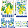 Bencailor 6 Pcs Lemon Kitchen Towels Oven Mitts and Pot Holders Set Decorative Dish Towels Tea Washcloth Non Slip Heat Resistant Oven Gloves for Summer Home Cooking Baking, Blue, Gold