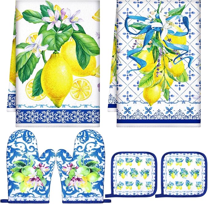Bencailor 6 Pcs Lemon Kitchen Towels Oven Mitts and Pot Holders Set Decorative Dish Towels Tea Washcloth Non Slip Heat Resistant Oven Gloves for Summer Home Cooking Baking, Blue, Gold