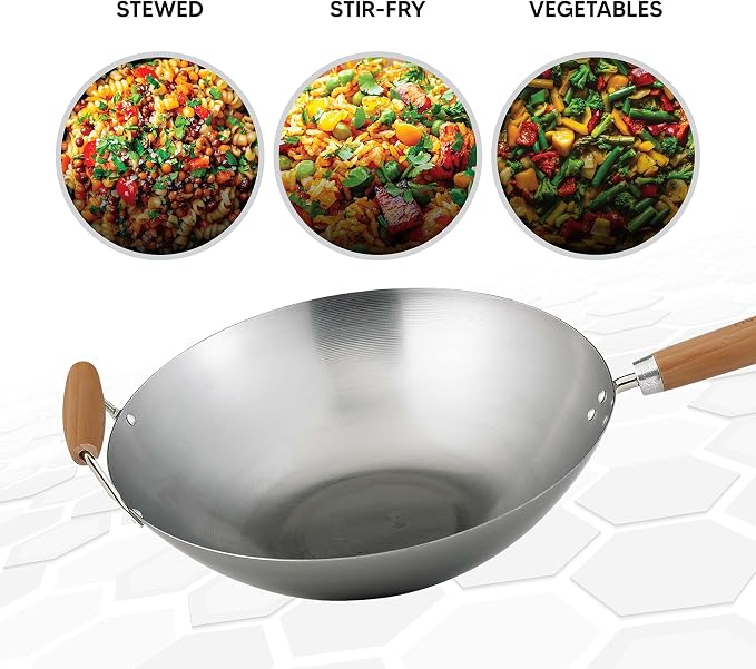 Helen's Asian Kitchen Carbon Steel Wok, 14-Inch, Flat Bottom Stir Fry Pan