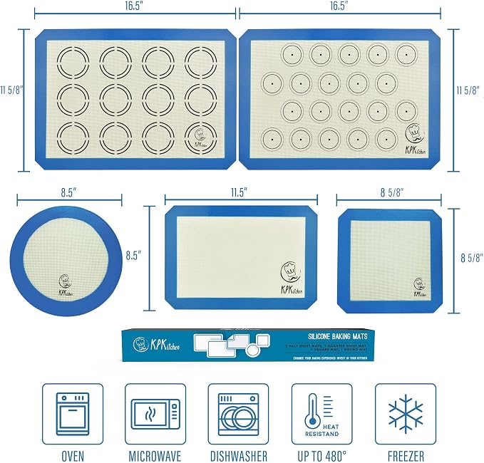 Silicone Baking Mat Set of 5, Nonstick Cookie Sheets, Multiple Sizes - Blue | 2 Half Sheets with Macaron & Cookie Circles, 1 Quarter Sheet, 1 Round & 1 Square, 100% Silicone, Easy-Clean, Reusable Liners.