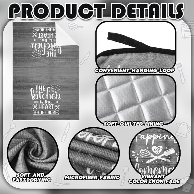 Sratte 6 Pcs Kitchen Decor Accessories Set, Kitchen, Dark Gray Wood | Farmhouse Kitchen Towels Pot Holders Oven Mitts Set 2 Dish Towels 2 Potholders 2 Cooking Mittens for Baking Cooking Supply