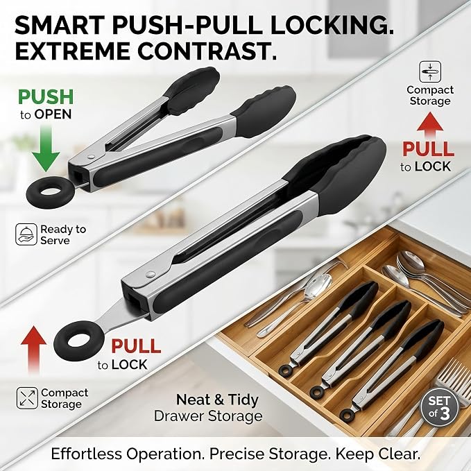 Mini Tongs with Silicone Tips, 7-Inch Small Serving Tongs for Cooking, Stainless Steel Food small tongs with Locking Mechanism for Salad, Taco Bar, Appetizers & Buffet, Set of 3
