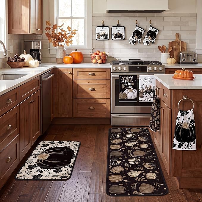 Fanfanwin 10 Pcs Fall Black Pumpkin Kitchen Decor Set Kitchen Towels Pot Holders Oven Mitts and Rugs Set Thanksgiving Towels for Cooking Baking Gift Harvest Autumn Home Decor