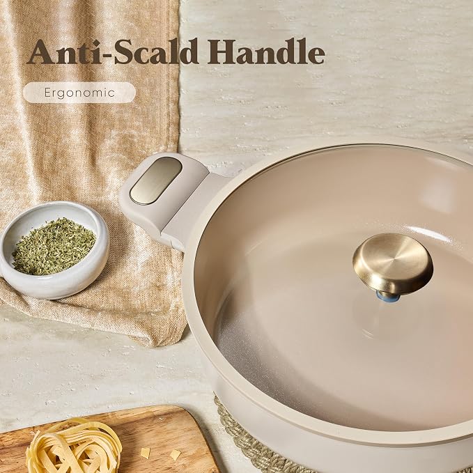 CAROTE 4.5Quart Stock Pot with Lid, Non Toxic Ceramic Soup Pot, Nonstick Cooking Pot, PFAS Free, Dishwasher Safe, Even Heating, Compatible with All Stoves, Light Taupe