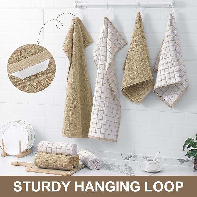 Homaxy Large Premium Cotton Kitchen Towels 16"x 28", 6 Pack, Tan | Natural Ring Spun 390 GSM Dish Towels, Super Absorbent Terry Kitchen Hand Towels, Soft Tea Towels with Hanging Loop