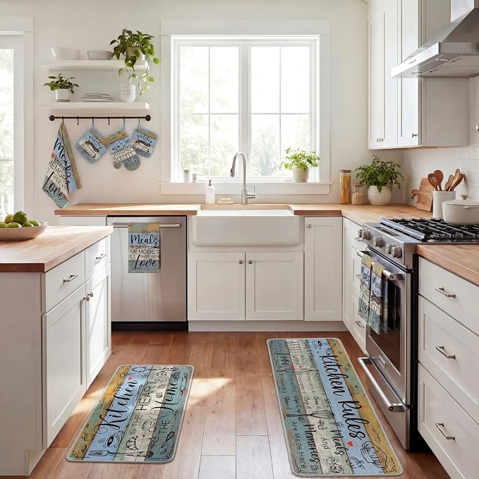 Fourluoo 10 Pcs Farmhouse Kitchen Decor and Accessories Dusty Blue Oven Mitts and Pot Holders Sets Vintage Dish Towels Rustic Kitchen Rugs and Mats for Home Decor Baking Cooking Birthday Summer Gifts
