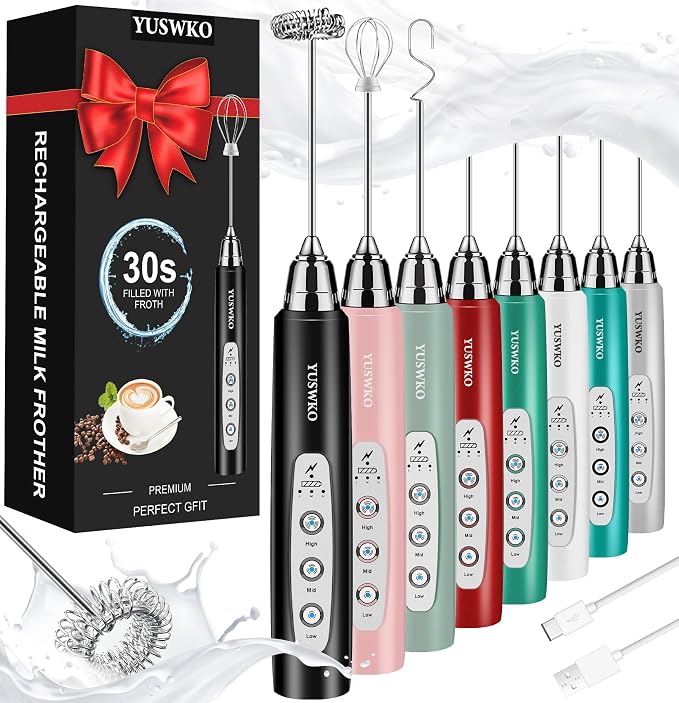 YUSWKO Handheld Milk Frother Wand for Coffee, Rechargeable Electric Whisk with 3 Heads 3 Speeds Drink Mixer Coffee Frother For Latte, Cappuccino, Hot Chocolate, Egg, Black