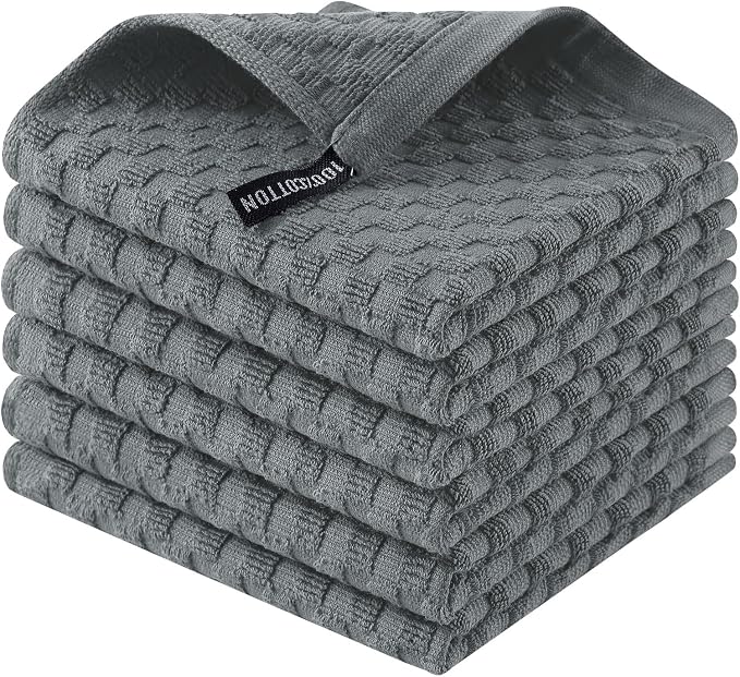 Homaxy 100% Cotton Terry Dish Cloths, 12"x12", 6-Pack, Dark Grey | Ultra Soft Absorbent Dish Towels with Hanging Loop, Pineapple Grid Designed