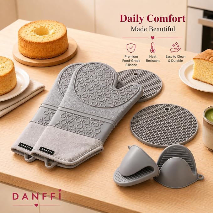 Silicone Oven Mitts and Pot Holders 6 Piece Set, Heat Resistant 500°F Extra Long Oven Gloves with Cotton Lining, Non-Slip BPA-Free Hot Pads and Pinch Mitts for Baking BBQ Cooking (Gray)