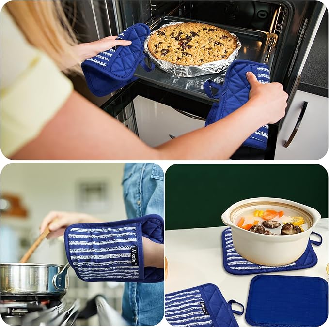 Alselo Silicone Pot Holders Set of 3 Heat Resistant & Non Slip Potholders | Professional Oven Hot Pads with Pockets Mitts for Kitchen Cooking Baking Barbecue (Cobait Blue, 3)