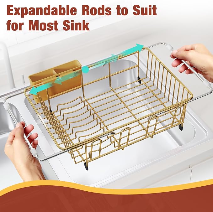 JASIWAY Gold Dish Drying Rack in Sink, Dish Drainer with Utensil Holder | Over The Sink Expandable Stainless Steel Strainer Dryer Rack for Small Kitchen, Counter Space Saving, Fast Drain, Rustproof