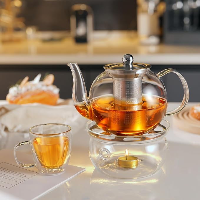 CNGLASS 600ml Glass Teapot with Removable Infuser,Clear Tea Kettle Stovetop Safe,Blooming and Loose Leaf Tea Maker