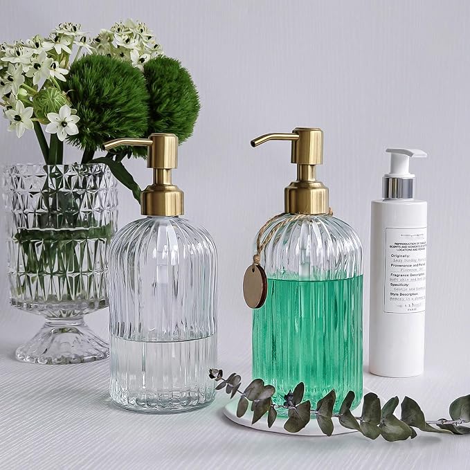 JASAI 2PACK 18Oz Fluted Glass Soap Dispenser with Golden Rust Proof Pump | Refillable Kitchen Soap Dispenser with Vertical Stripe, Bathroom Soap Dispenser for Hand Soap, Dish Soap, liquid Soap, Lotion