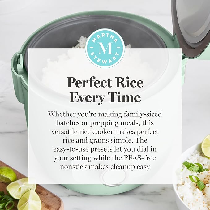 Martha Stewart 8 Cup Cooked (4 Cup Uncooked) Rice Cooker & Steamer, Sage | PFAS-Free Ceramic Nonstick Removable Pot, 9 Modes, Keep Warm, Steamer, White & Brown Rice, Quinoa, Grains, Oats, Easy Clean