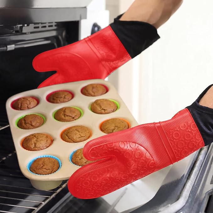 BPA-Free Soft Silicone Oven Mitts - Ultra Heat Resistant Oven Mitts with Thick Cotton Liner - Extra Long Slip Resistant Pot Holders, Flexible Oven Gloves