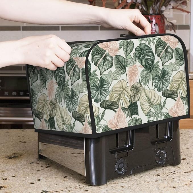 4 Slice Toaster Cover Tropical Leaf Pattern Dust Proof Washable Kitchen Appliance Cover with Pocket, Oxford Fabric Countertop Toaster Protector for Standard Toasters Small Appliances