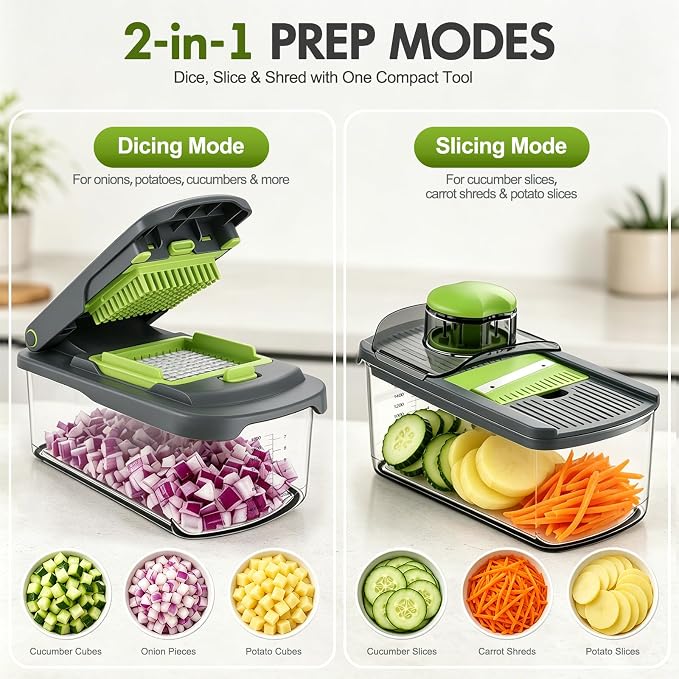 Ourokhome Vegetable Chopper with Container, 8-Blade Onion Chopper & Mandolin Slicer, 2-Lid Food Dicer with Safety Lock, Veggie Shredder Grater for Kitchen Meal Prep, Kitchen Gadgets (8 in 1, Gray)